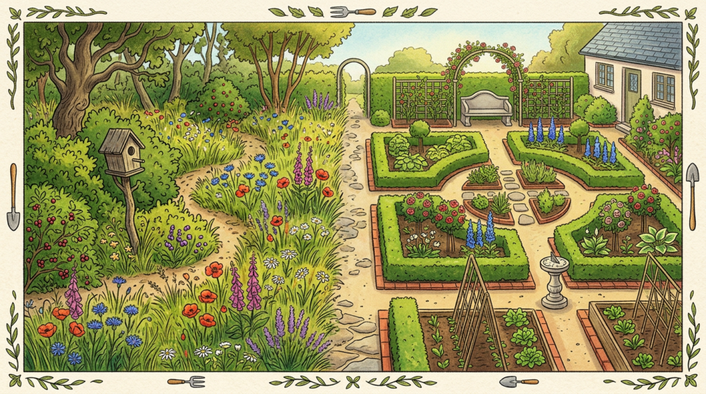Garden divided into wildflower meadow and symmetrical formal garden with pathways